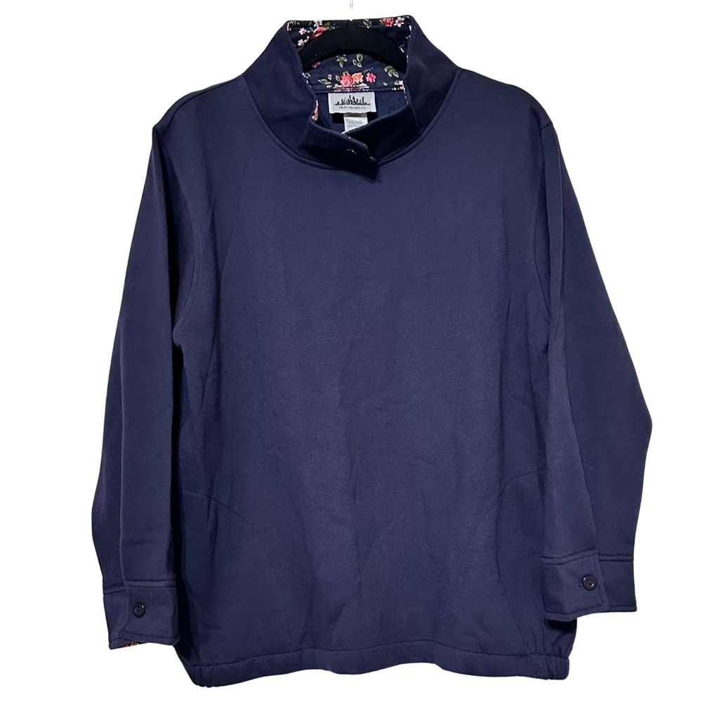 Metropolitan Navy Floral Trim Pullover Mock Neck Cotton Blend Sweatshirt Sz M - Picture 4 of 8